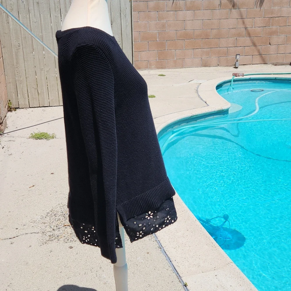 Loft Black Sweater with Eyelet Lace Hem - Size Medium - Picture 4 of 9